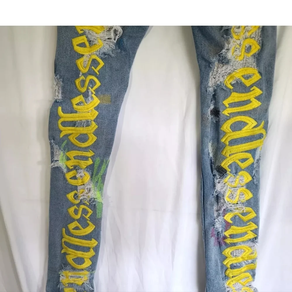 Endless Mens Designer Destroyed Embroidered Applique Skinny Jeans 31 X 31 - Picture 6 of 8